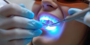 Patient receiving cosmetic dental treatment with curing light at 92 Dentistry in Portland, OR.