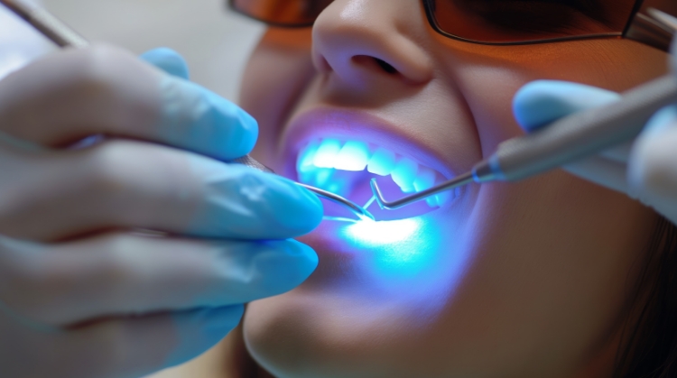 Patient receiving cosmetic dental treatment with curing light at 92 Dentistry in Portland, OR.