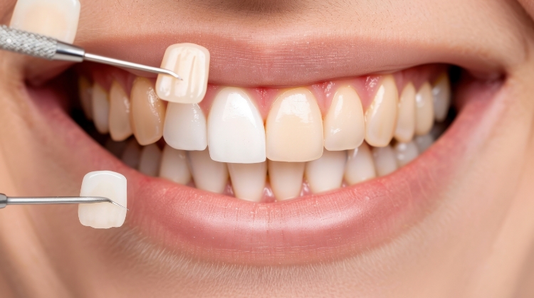 Close-up of a patient’s smile during a veneer fitting, showing color comparison tools against natural teeth at 92 Dentistry in Portland, OR.