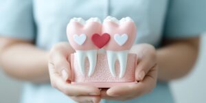 Model of two healthy teeth with hearts symbolizing the link between oral health and heart disease, held by a dental professional at 92 Dentistry in Portland, OR