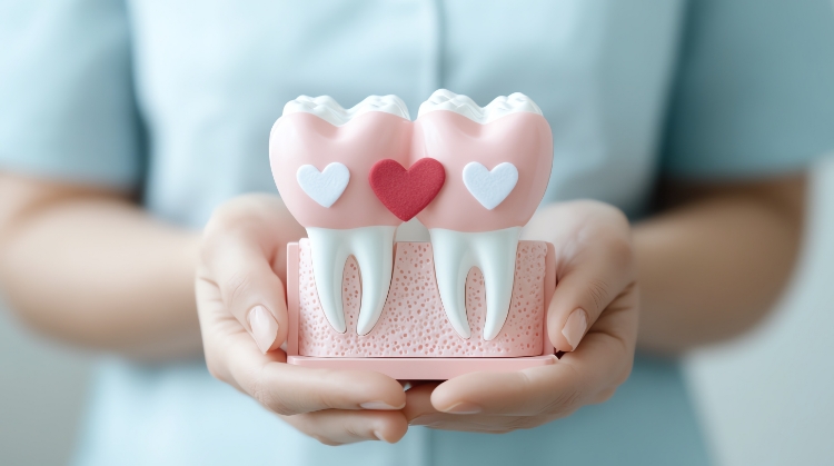 Model of two healthy teeth with hearts symbolizing the link between oral health and heart disease, held by a dental professional at 92 Dentistry in Portland, OR