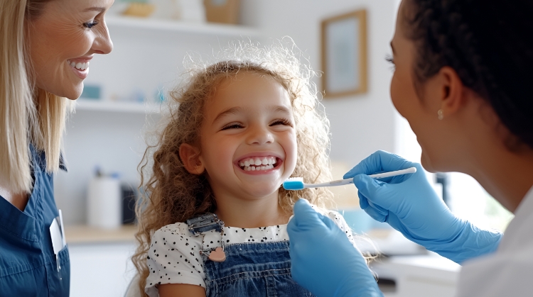 A smiling child receiving a dental check-up from a friendly hygienist at 92 Dentistry in Portland, OR, with a parent nearby during a routine kids' dental visit.